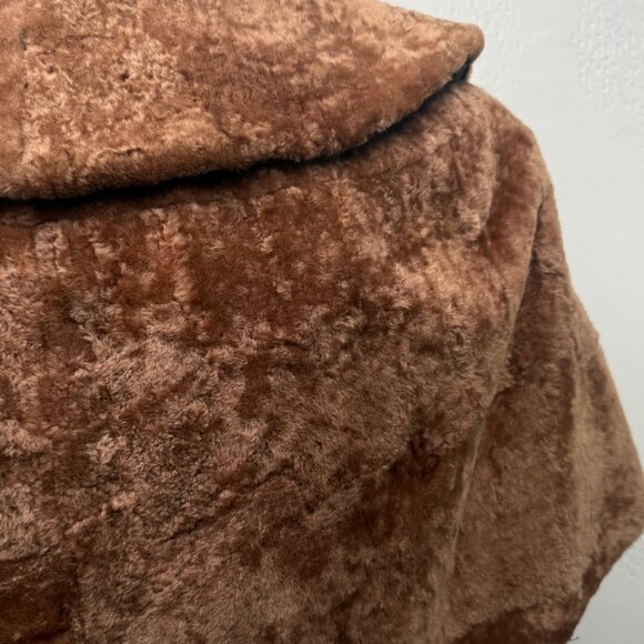 Vintage Faux Fur Shawl Collar Jacket Brown Hook Closure Plush Lined - Picture 3 of 16